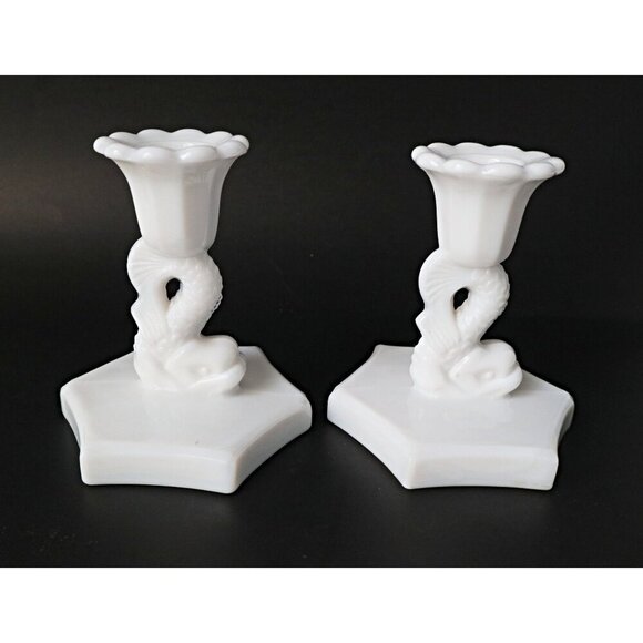 Vintage Westmoreland Milk Glass Fish Candleholders Candlesticks - Picture 1 of 6